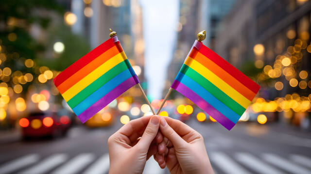 Pride Month: Zwei Regenbogenfahnen in Händen auf Stadtstraße