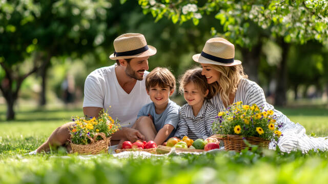Familie beim Picknick im Park auf grüner Wiese mit Obstkörben