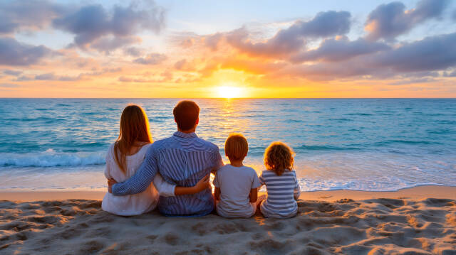 Familie am Strand beim Sonnenuntergang sitzt im Sand und schaut aufs Meer