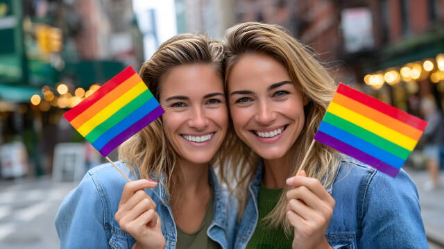 Pride Month 2025: Frauenpaar mit Regenbogenflaggen lächelt in der Stadt