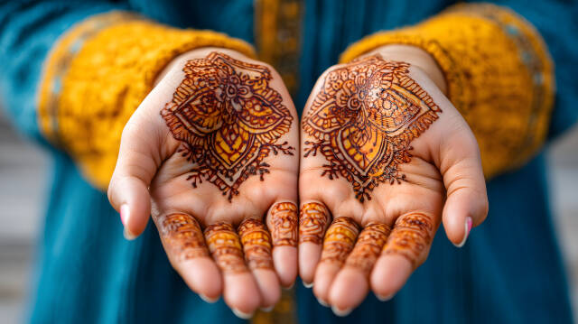 Hände mit filigranen Henna Mehndi Mustern in Nahaufnahme