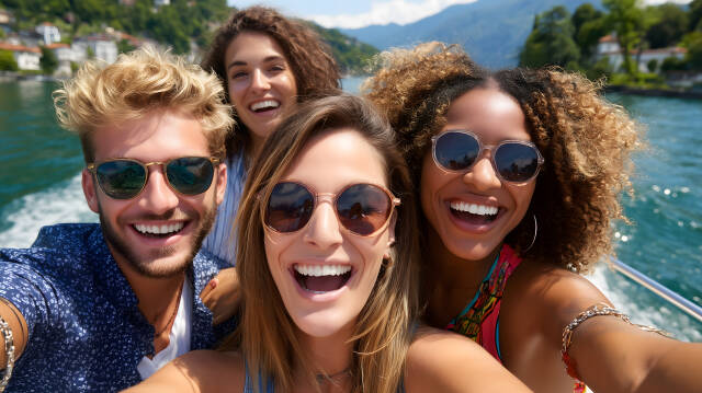 Freunde lachen beim Selfie auf einem Boot am See