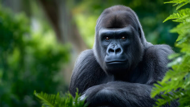 Gorilla Porträt im grünen Dschungel mit intensivem Blick