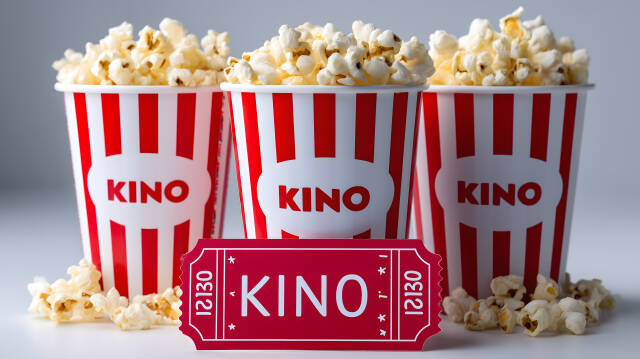 Popcorn Becher und Kinokarten perfekte Vorbereitung für den Film