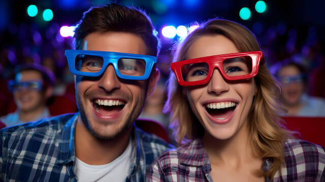Paar lacht im Kino mit 3D Brillen