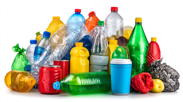 Plastikmüll verschiedener Farben auf weißem Hintergrund