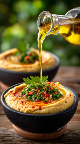 Hummus mit Olivenöl und Petersilie in schwarzer Schale