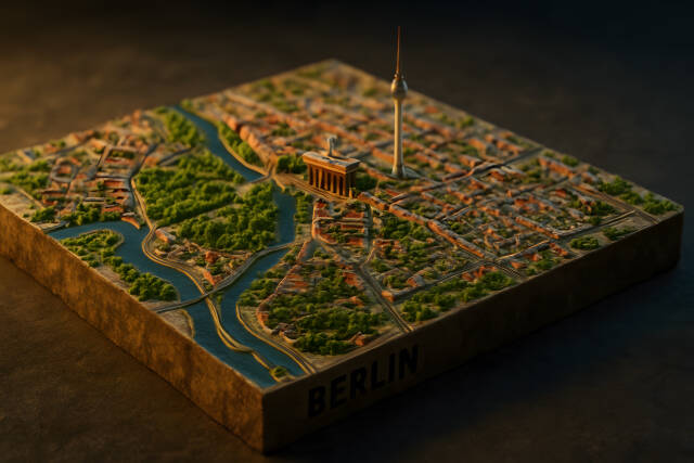 Modell von Berlin mit Brandenburger Tor und Spree als Diorama