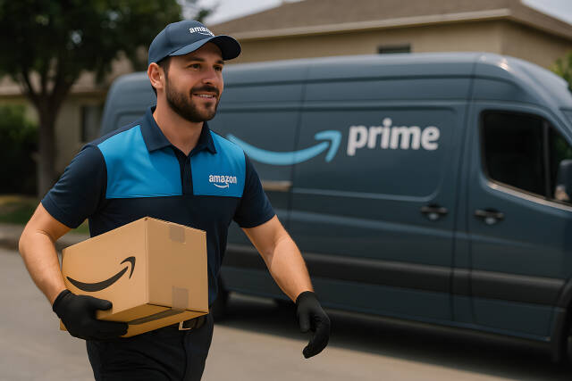 Amazon Zusteller mit Paket vor Prime Transporter