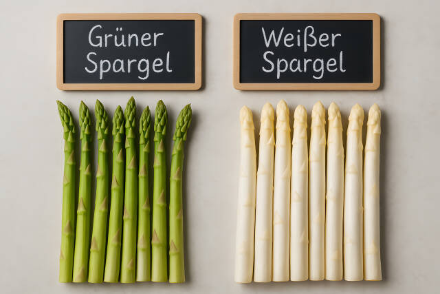 Grüner und weißer Spargel im Vergleich mit Tafeln