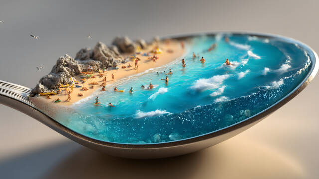 Miniaturstrand mit Meer und Badenden in einem Löffel