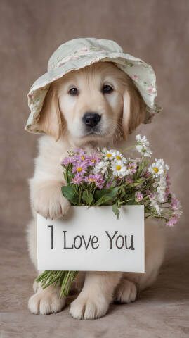 Welpe mit Hut Blumenstrauß und I Love You Schild