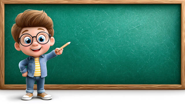 Fröhlicher Schüler zeigt mit Stift auf grüne Schultafel