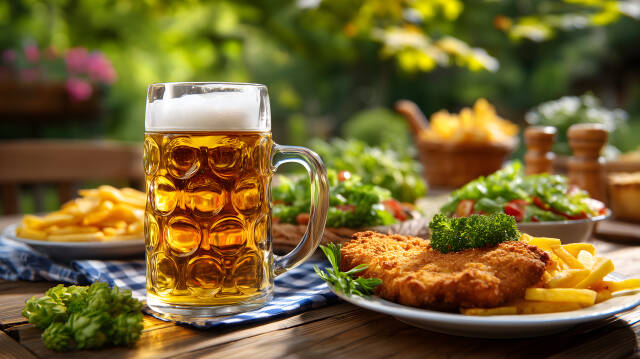 Maß Bier mit Schnitzel und Pommes im Biergarten