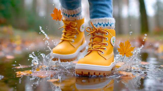 Kind mit gelben Gummistiefeln springt in Pfütze im Herbstwald