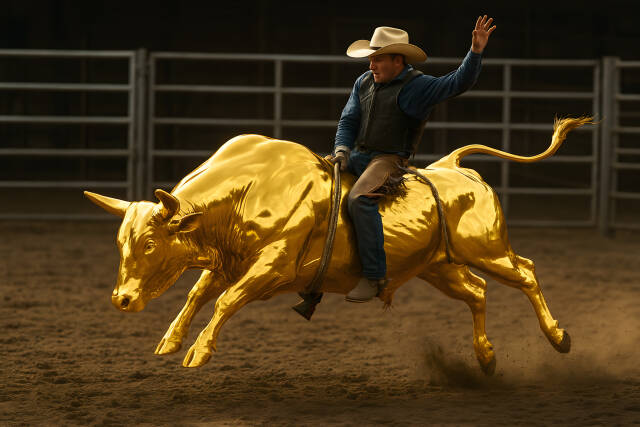 Cowboy reitet goldenen Bullen in Rodeohalle
