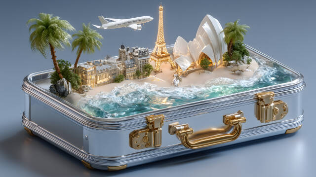 Miniatur Reiseziel in silbernem Koffer