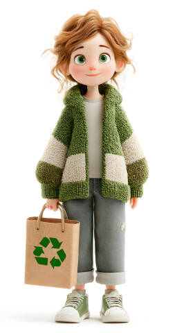 Mädchen mit Einkaufstüte und Recycling Symbol in umweltfreundlicher Kleidung