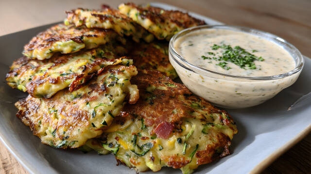 Zucchinipuffer mit frischen Kräutern und Joghurtdip