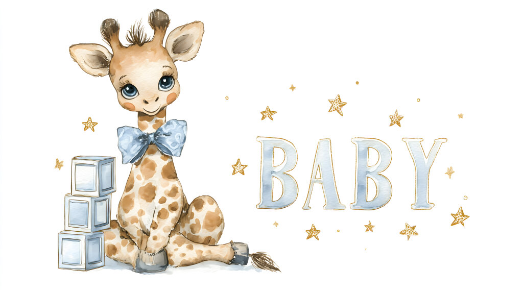 Aquarell Baby-Giraffe mit großen braunen Augen