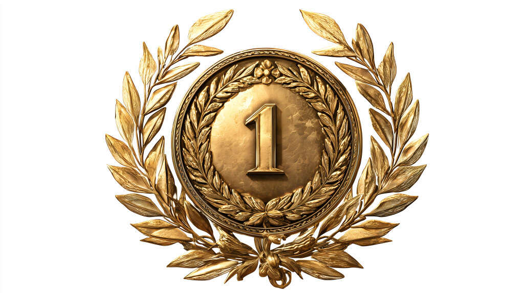 Goldmedaille mit Lorbeerkranz und eingravierter Eins