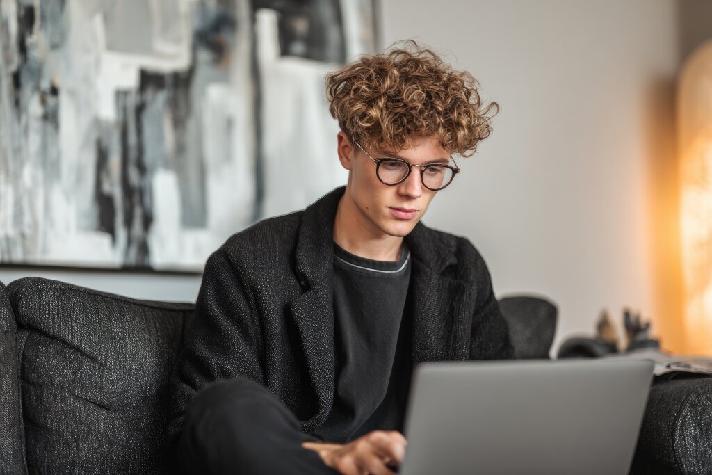 Junger Mann mit Laptop auf dem Sofa