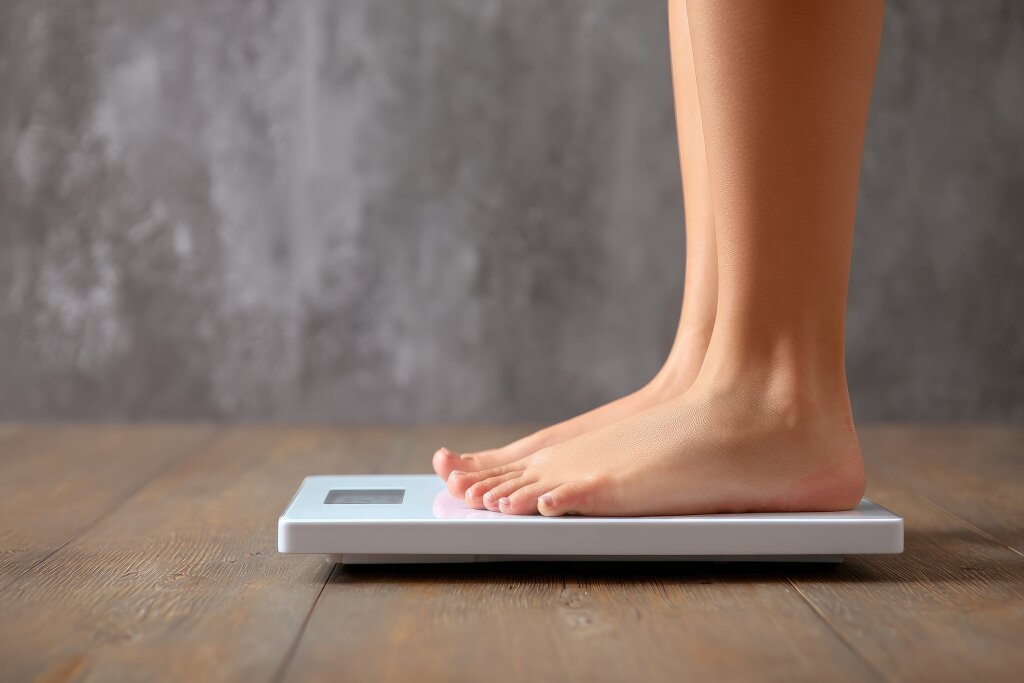 Frau steht auf digitaler Waage