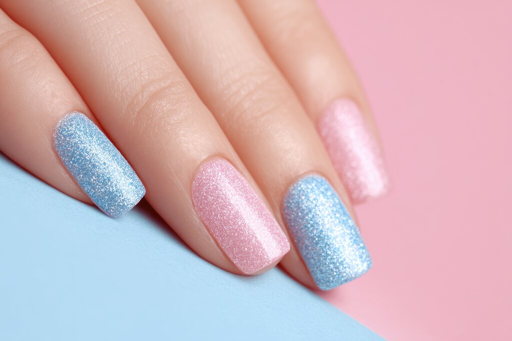 Glitzernde Fingernägel in Pastellfarben