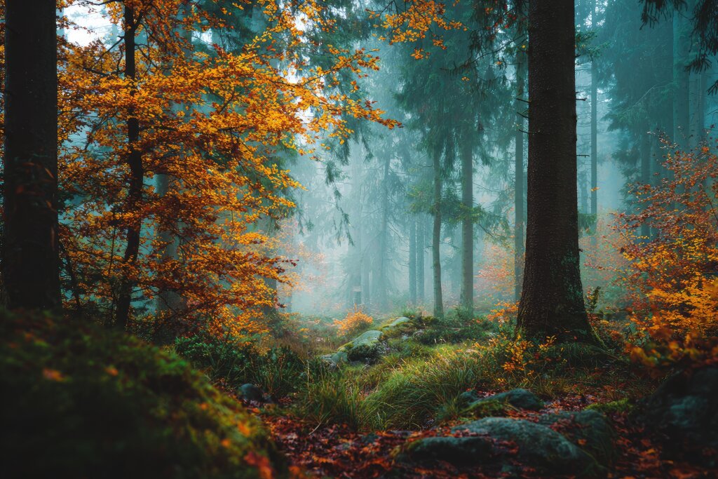 Nebliger Herbstwald mit buntem Laub