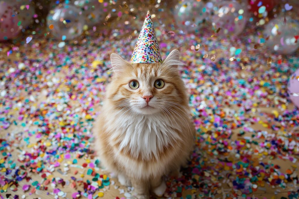 Lustige Katze mit Partyhut und Konfetti