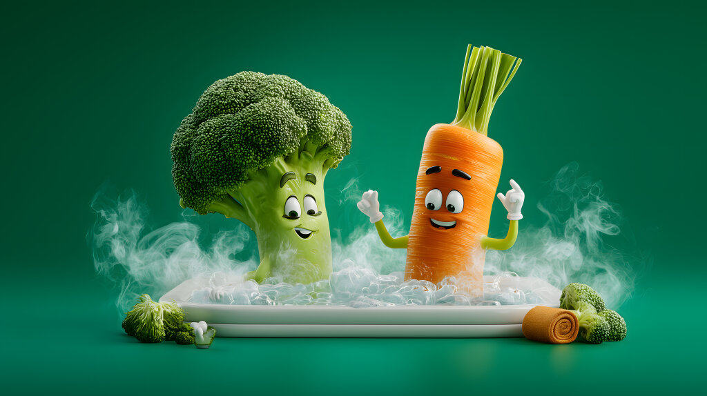 Brokkoli und Karotte Cartoon im Dampfbad
