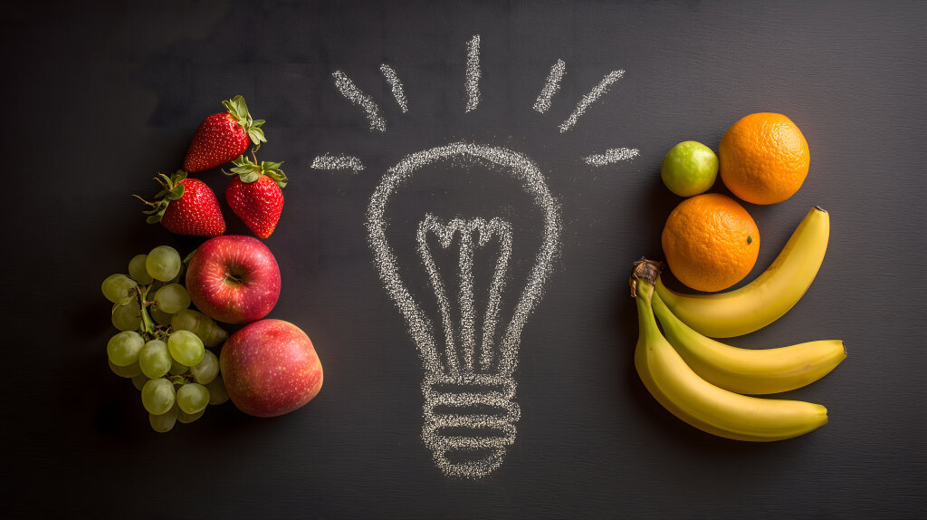 Obst Idee Licht Glühbirne aus Früchten auf dunklem Hintergrund