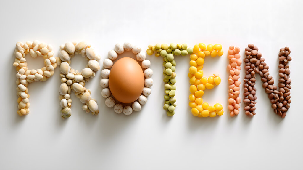 Protein Wort aus Bohnen und Ei auf weißem Hintergrund