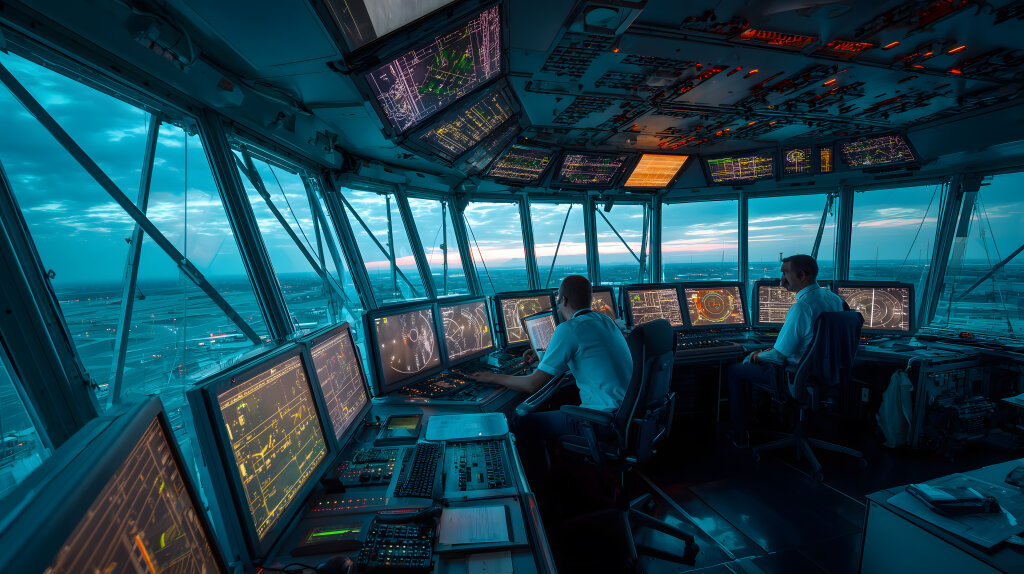 Fluglotsen im Tower Luftverkehrskontrolle mit Monitoren