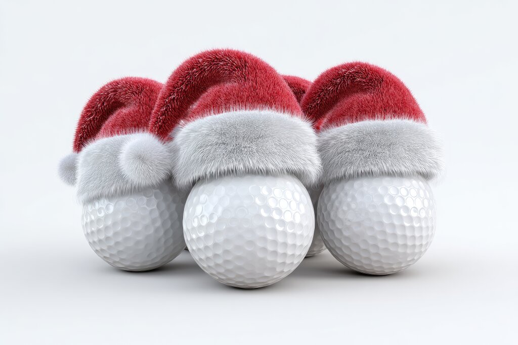 Golfbälle mit Weihnachtsmützen