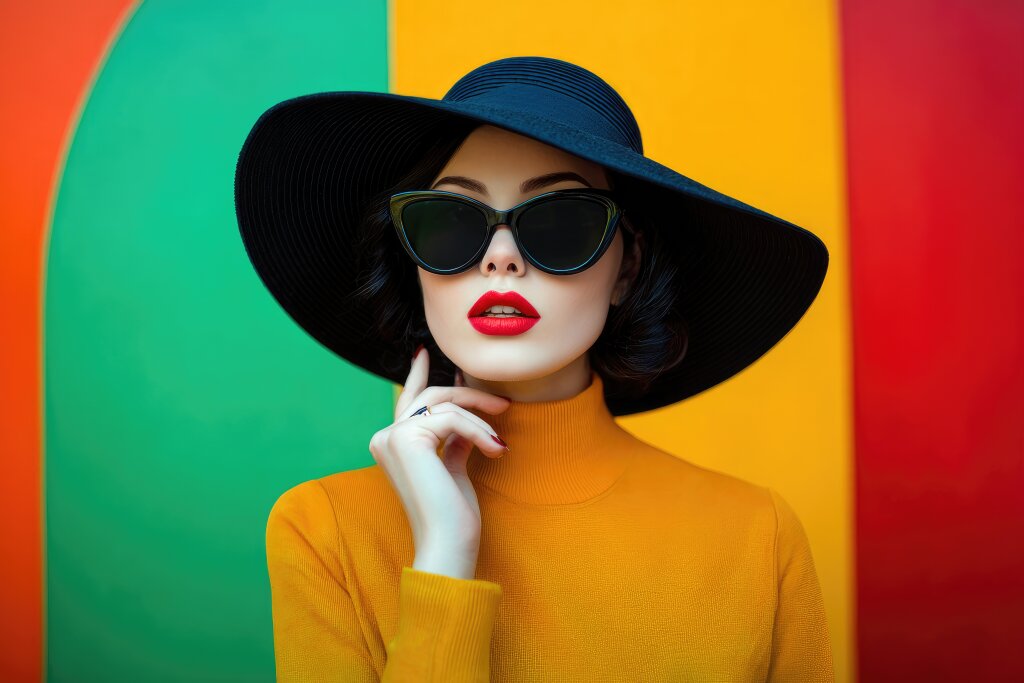 Stylisches Porträt einer Frau mit Hut vor buntem Hintergrund