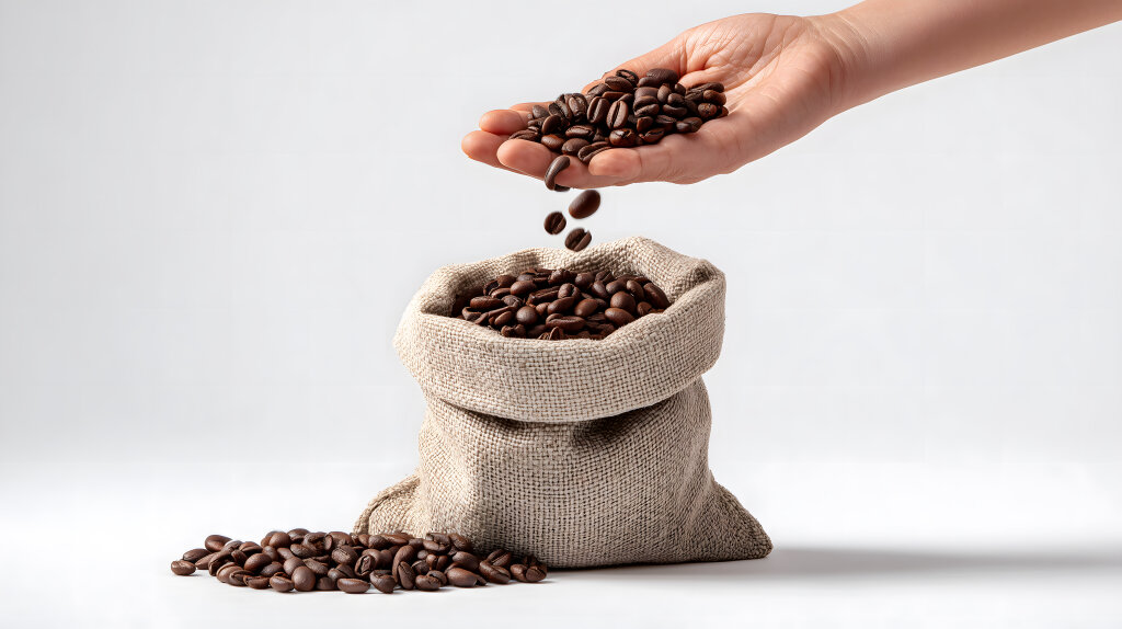Produktfoto: Kaffeebohnen fallen aus Hand in Jutesack
