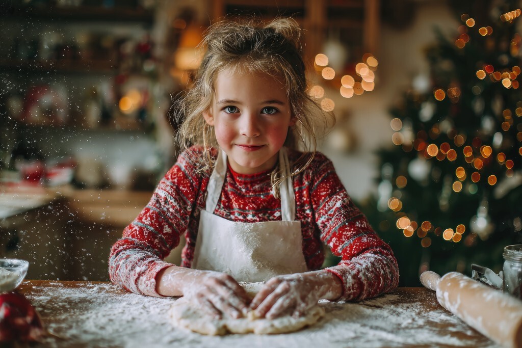 Kind beim Plätzchenbacken mit Mehl