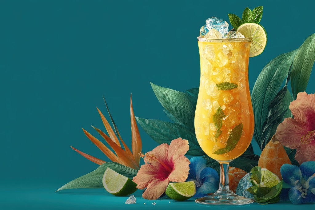 Cocktail mit Früchten und tropischer Deko