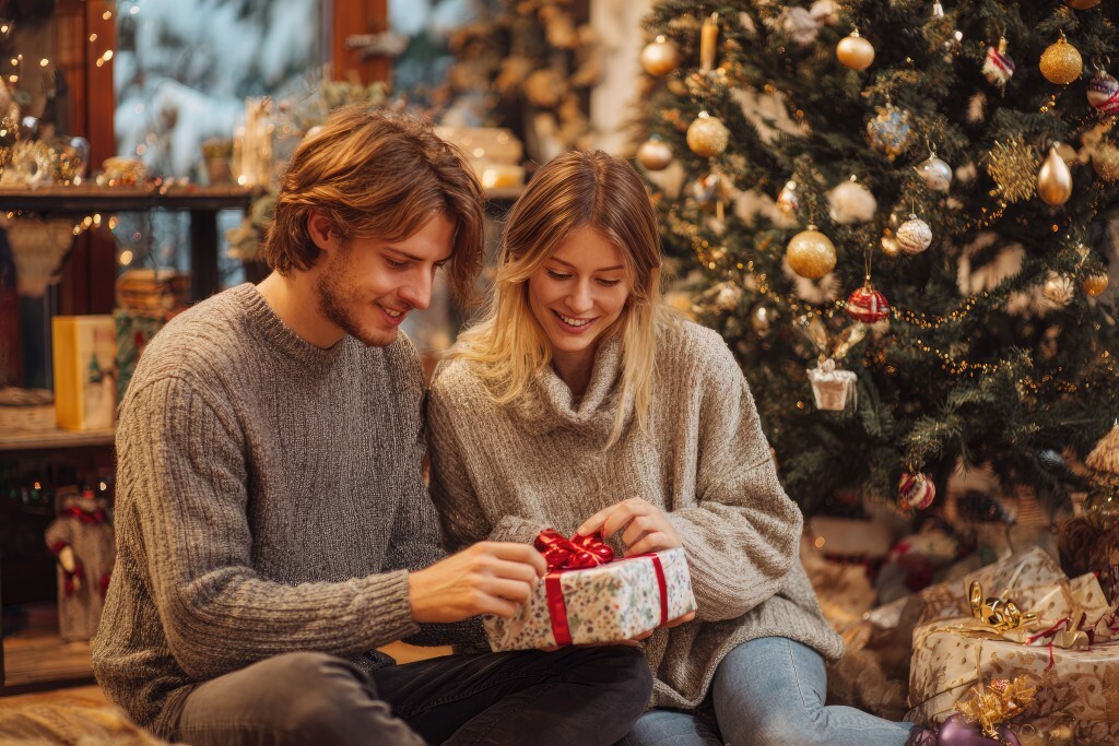 Weihnachtliche Geschenkübergabe vor einem Christbaum