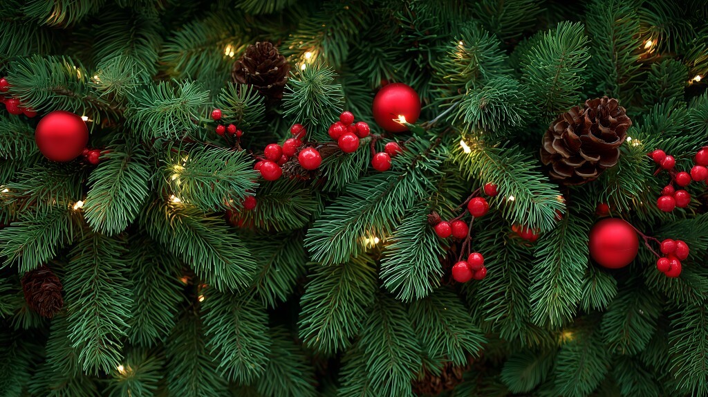 Weihnachtliche Dekoration mit Tannenzweigen, roten Beeren und Lichtern