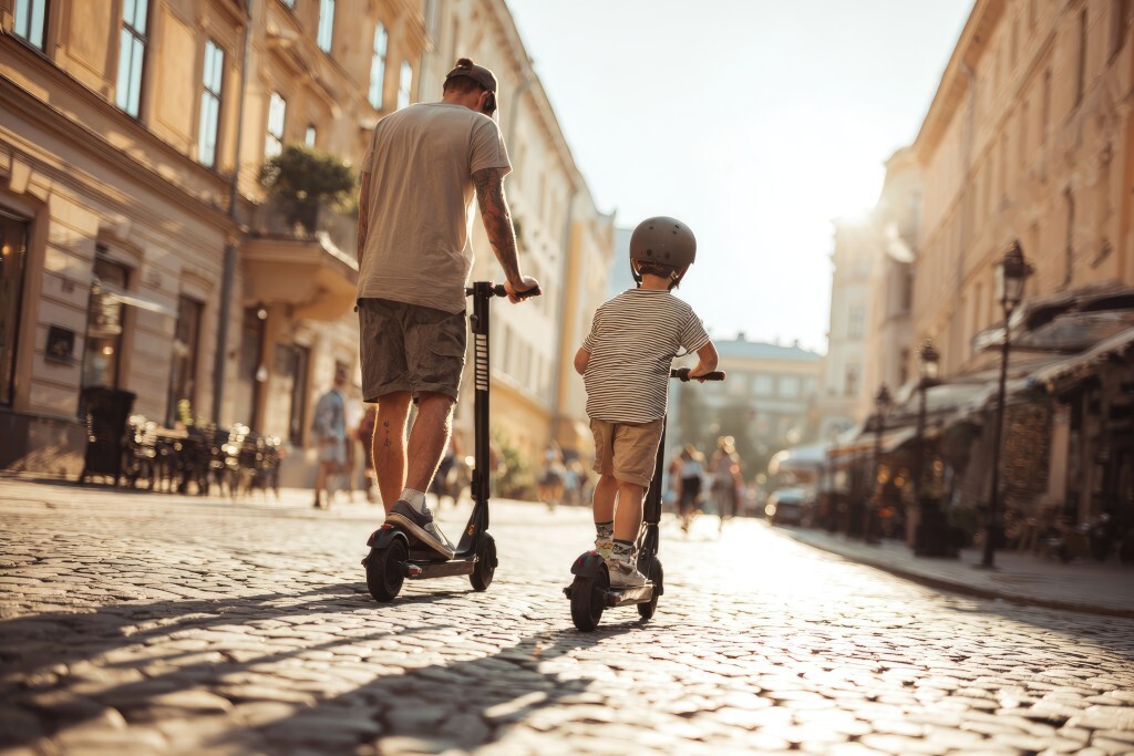 Vater und Sohn auf E-Scootern