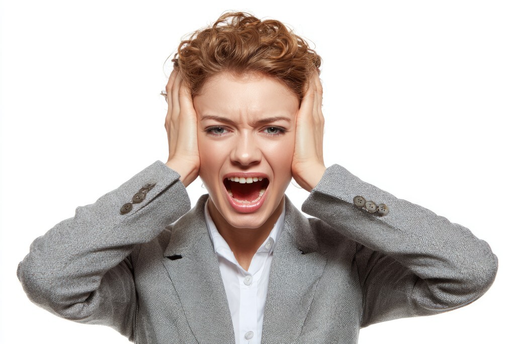 Emotionale Frau hält Ohren zu