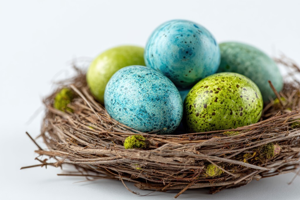 Blaue und grüne Eier im Osternest