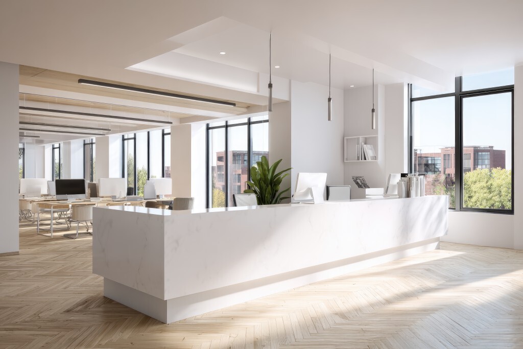 Moderner Empfangstresen in Großraumbüro