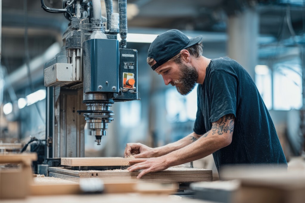 Holzbearbeitung in Werkstatt durch Mitarbeiter