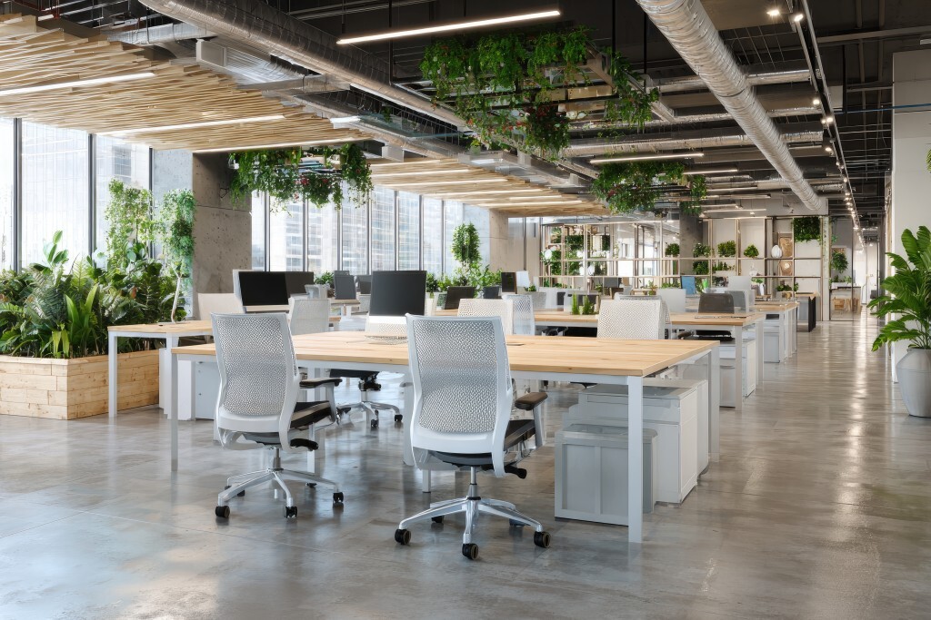 Modernes Großraumbüro mit Pflanzenarrangement