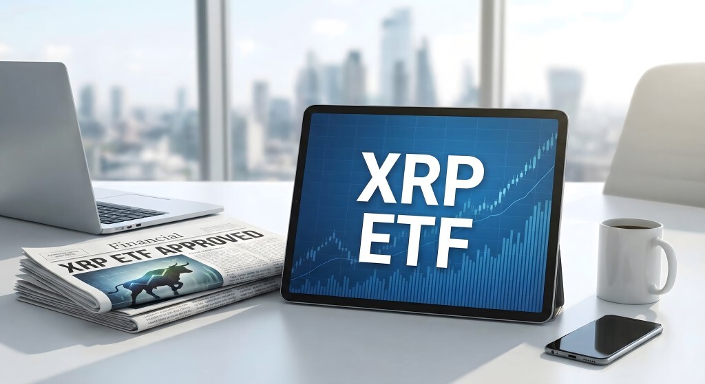 XRP ETF Kryptowährung auf Tablet mit Finanznachrichten