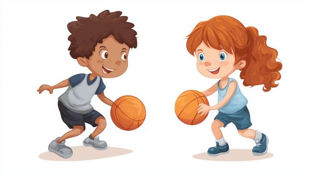 Zwei Kinder spielen Basketball Comic mit Händen in der Luft