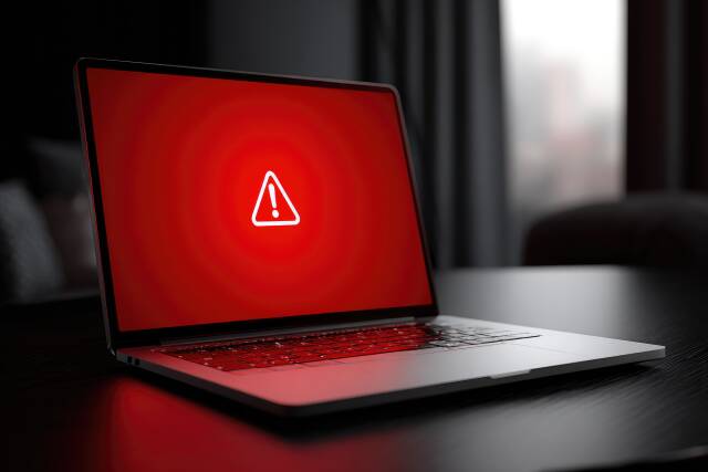 Laptop mit Warnmeldung auf rotem Bildschirm